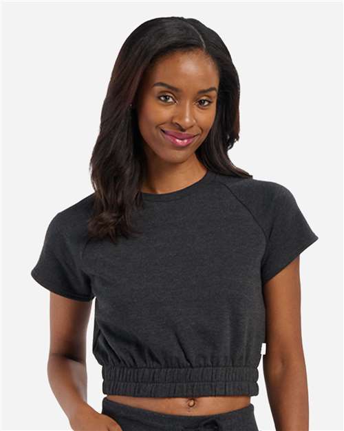 Boxercraft Women's French Terry Short Sleeve Cropped Crewneck Sweatshirt — Charcoal Heather — On model · front
