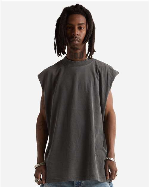 Shaka Wear Unisex Garment-Dyed Muscle Tee — Shadow — On model · front