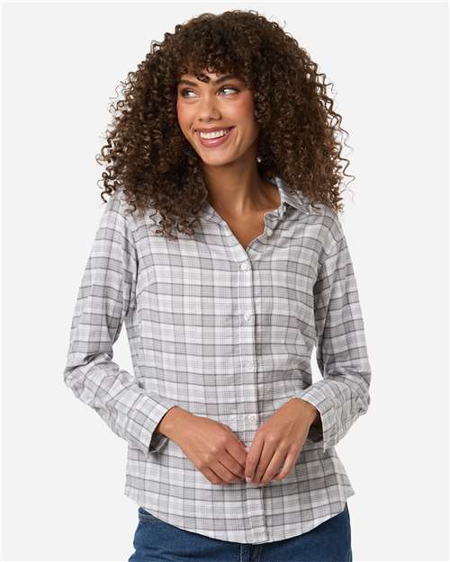 Devon & Jones Women's Concord Yarn-Dye Flannel Shirt — Graphite/ Grey/ White — On model · front