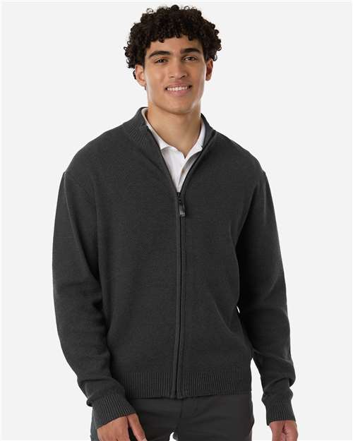 Devon & Jones Men's Hartland Textured Full Zip Sweater — Black Melange — On model · front