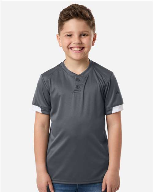 Alleson Athletic Youth On The Rise Two Button Jersey — Graphite/ White — On model · front