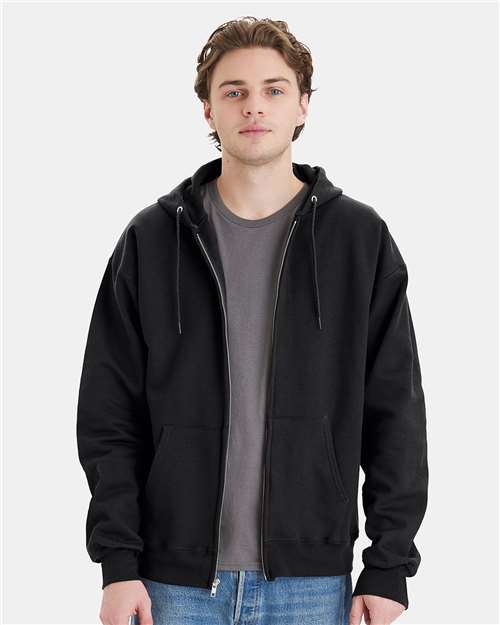Hanes Unisex Ultimate Cotton® Full-Zip Hooded Sweatshirt — Black — On model · front