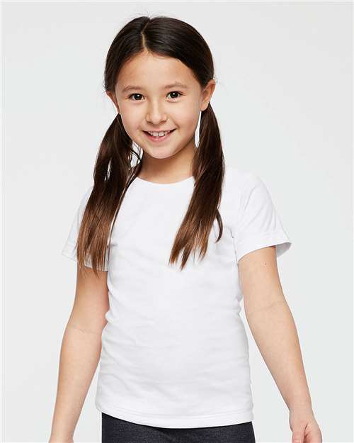 Live & Tell by LAT Girls' Fine Jersey Tee — White — On model · front