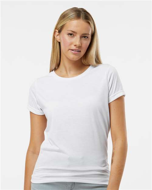 SubliVie Women's Polyester Sublimation Tee — White — On model · front