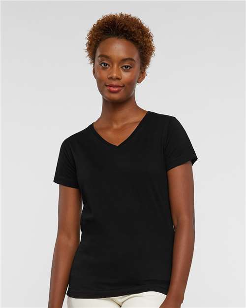 Live & Tell by LAT Women's Fine Jersey V-Neck Tee — Black — On model · front
