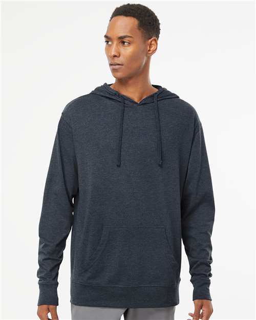 Independent Trading Co. Unisex Lightweight Hooded Pullover T-Shirt — Classic Navy Heather — On model · front