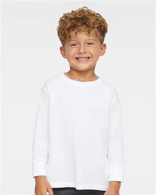 Rabbit Skins Toddler Fine Jersey Long Sleeve Tee — White — On model · front