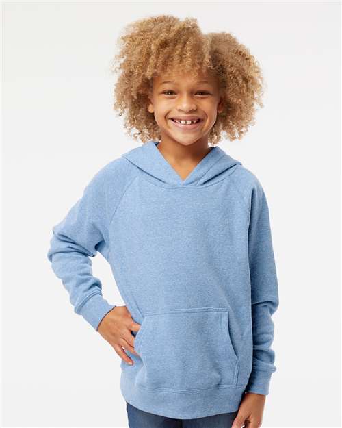 Independent Trading Co. Youth Lightweight Special Blend Raglan Hooded Sweatshirt — Pacific — On model · front