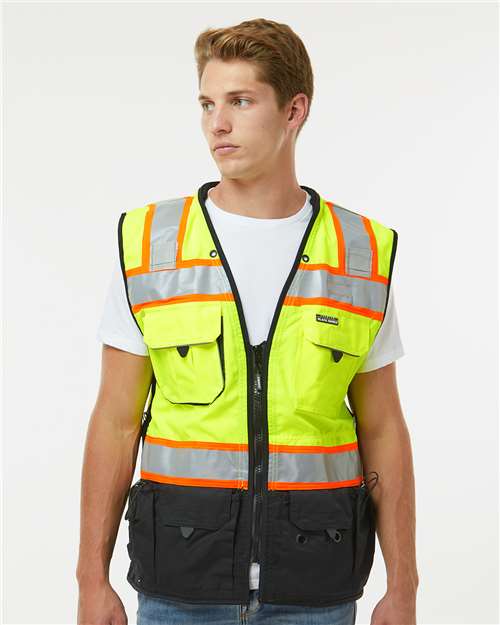 Kishigo Unisex Premium Black Series® Surveyors Vest — Lime — On model · front