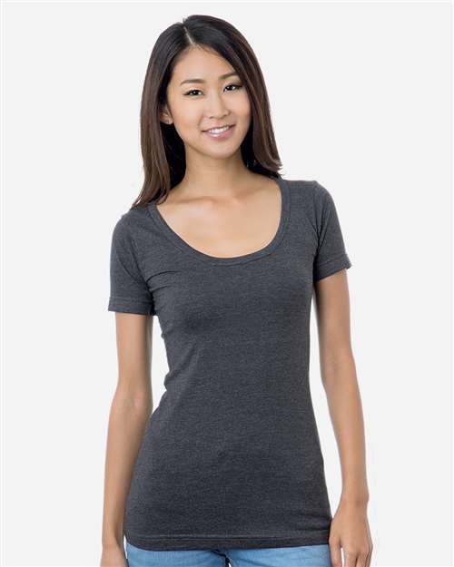 Bayside Junior's USA-Made Scoop Neck T-Shirt — Heather Charcoal — On model · front
