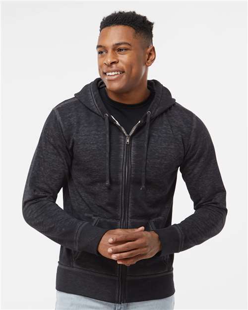 J. America Men's Vintage Zen Fleece Full-Zip Hooded Sweatshirt — Twisted Black — On model · front