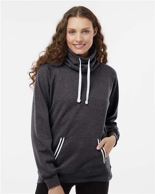 J. America Women’s Relay Cowl Neck Sweatshirt — Black — On model · front