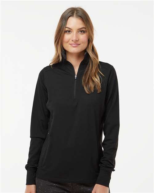 J. America Women’s Omega Stretch Quarter-Zip Pullover — Black Triblend — On model · front