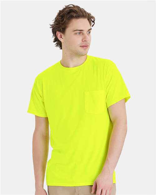 Hanes Unisex Workwear Pocket T-Shirt — Safety Green — On model · front