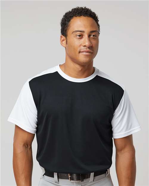 Alleson Athletic Men's Crewneck Pullover Baseball Jersey — Black/ White — On model · front