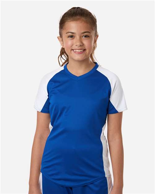 Augusta Sportswear Girls' Cutter Jersey — Royal/ White — On model · front