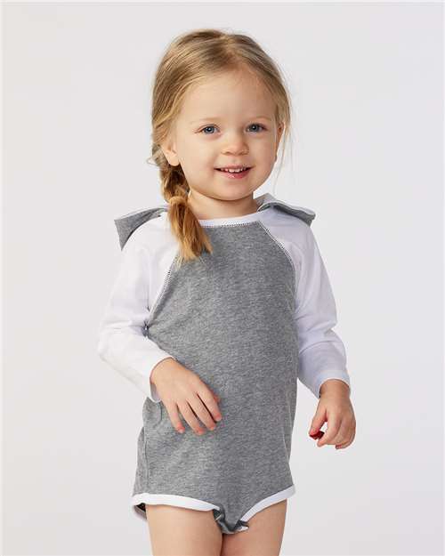 Rabbit Skins Infant Fine Jersey Long Sleeve Bodysuit with Ears — Granite Heather/ White — On model · front