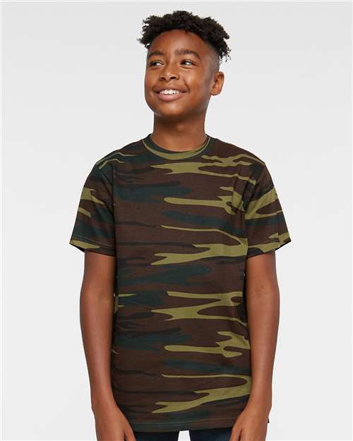 Code Five Youth Camouflage Tee — Green Woodland — On model · front