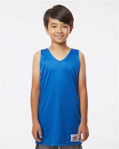 Alleson Athletic Youth Reversible Tank — Royal/ White — On model · front