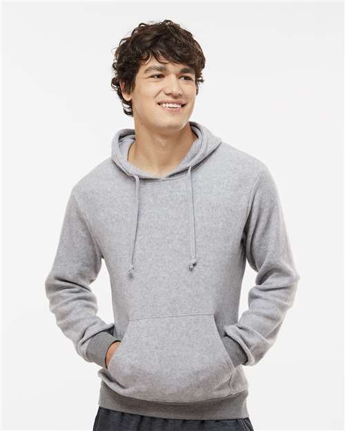 J. America Men's Flip Side Fleece Hooded Sweatshirt — Grey Heather — On model · front