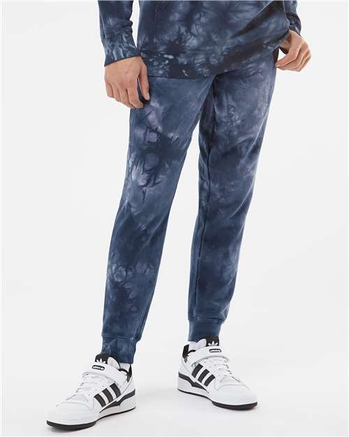 Independent Trading Co. Unisex Tie-Dyed Fleece Sweatpants — Tie Dye Navy — On model · front
