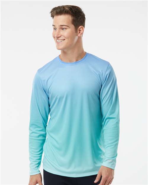 Paragon Unisex Barbados Performance Pin Dot Long Sleeve T-Shirt — Blue Mist/ Light Teal — On model · front