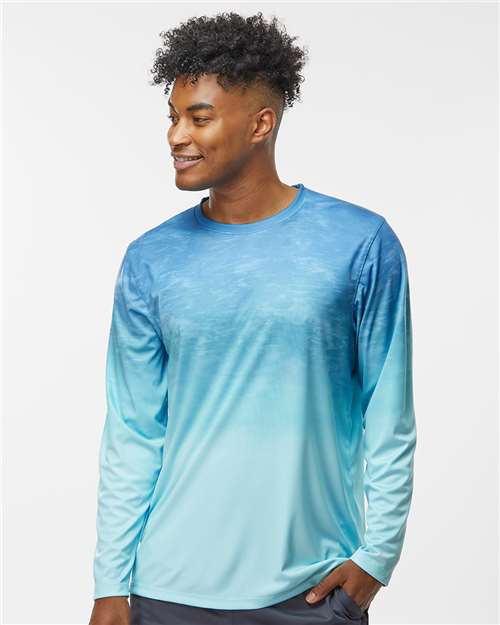 Paragon Unisex Montauk Oceanic Fade Performance Long Sleeve T-Shirt — Blue Aqua Fade — On model · front