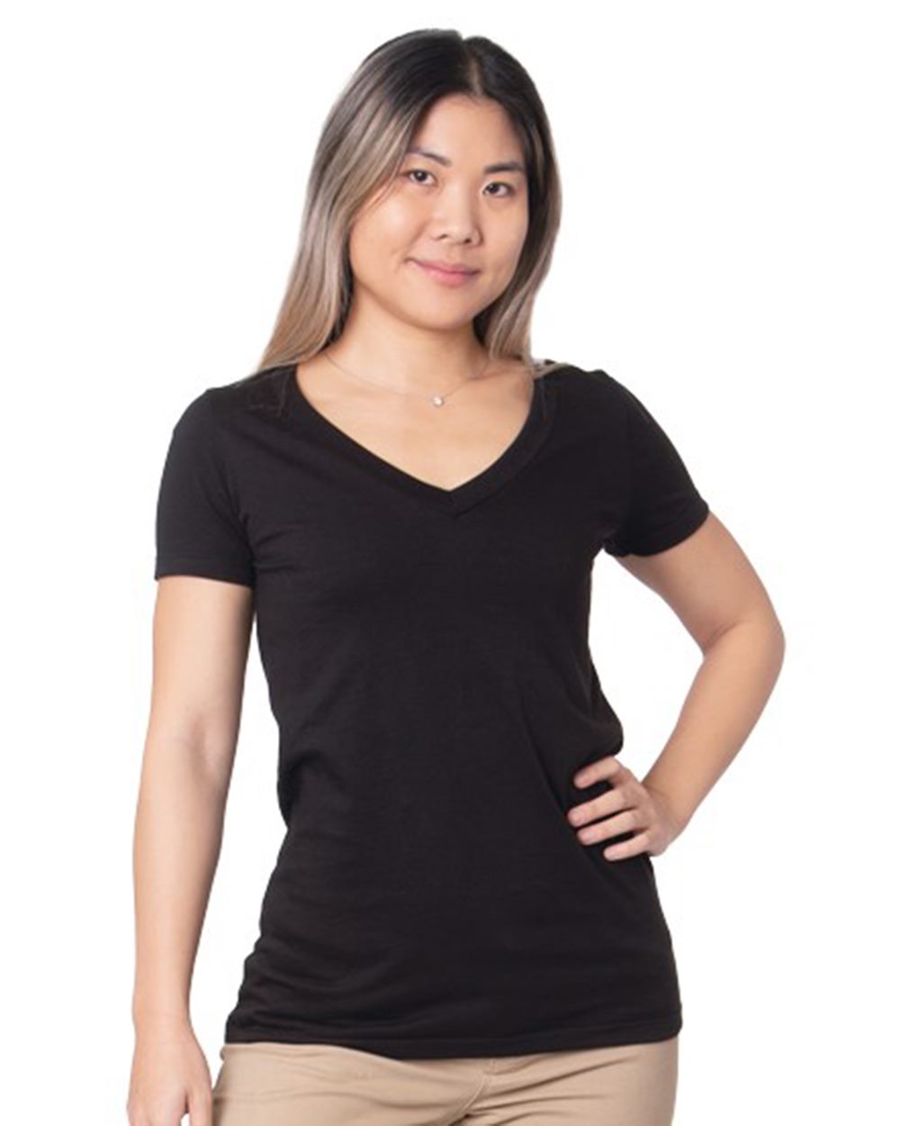 Bayside Women's USA-Made Fine Jersey V-Neck T-Shirt — Charcoal