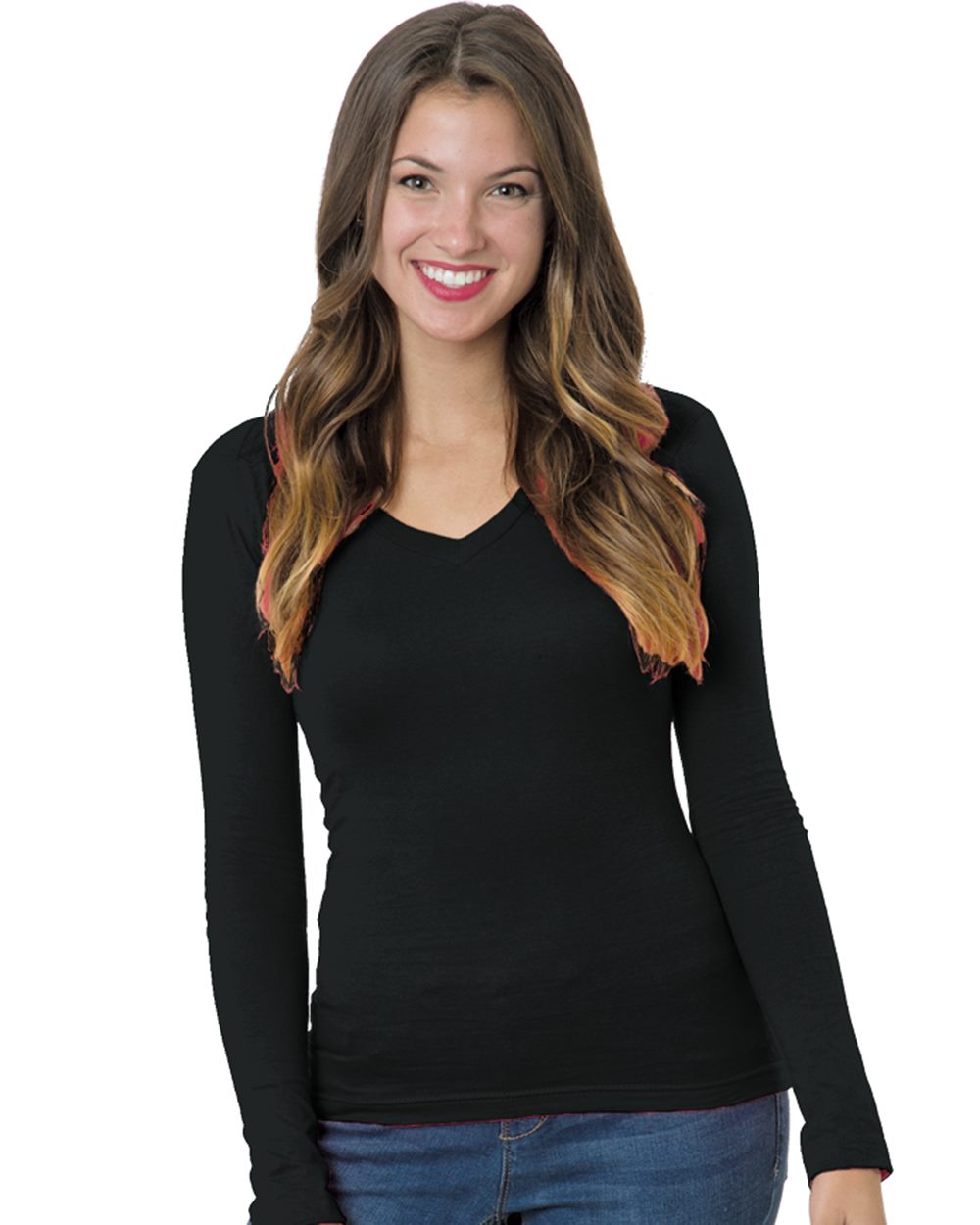 Junior's USA-Made Deep V-Neck Long Sleeve T-Shirt